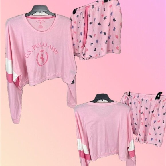 U.S. Polo Assn Plus 3X Pink Logo Crop Long Sleeve Top & Pocket Shorts Lounge Set - Picture 1 of 6